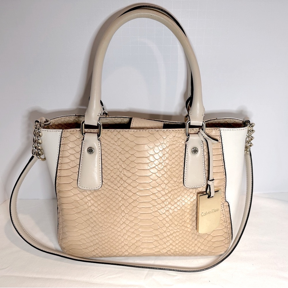 Calvin Klein Large Satchel purse faux cream leather and tan crocodile gold chain
